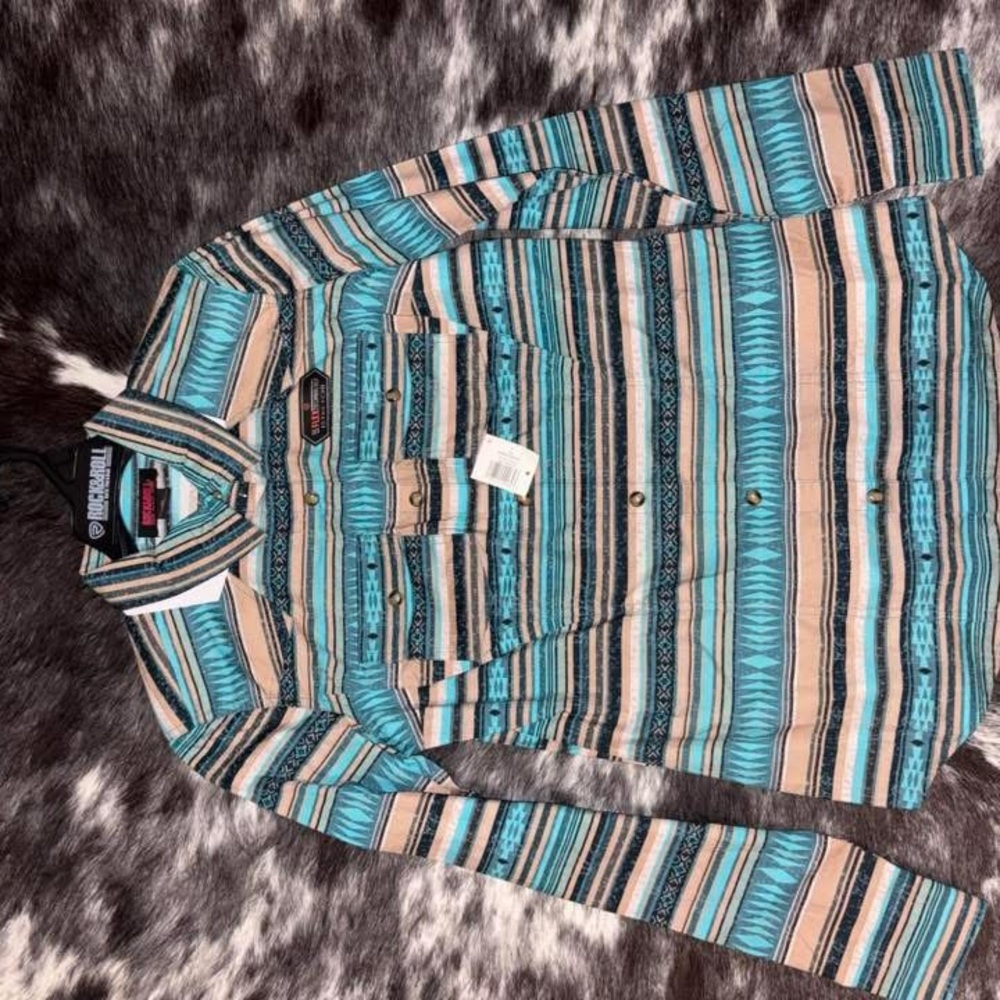 Rock & Roll Cowgirl Women's Striped Button-Down Shirt - Blue and Tan brand new